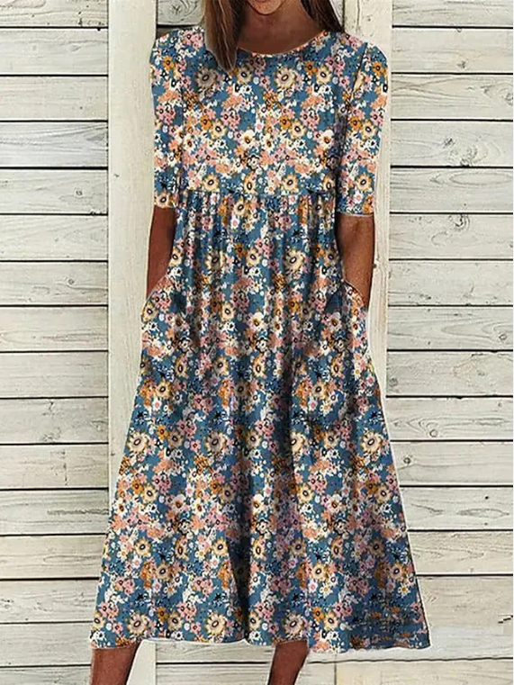 Midi šaty s kulatým výstřihem a květinovým potiskem