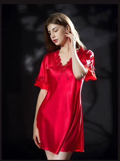 【Dobírka】Dámská krajková noční košile Ice Silk s krátkým rukávem