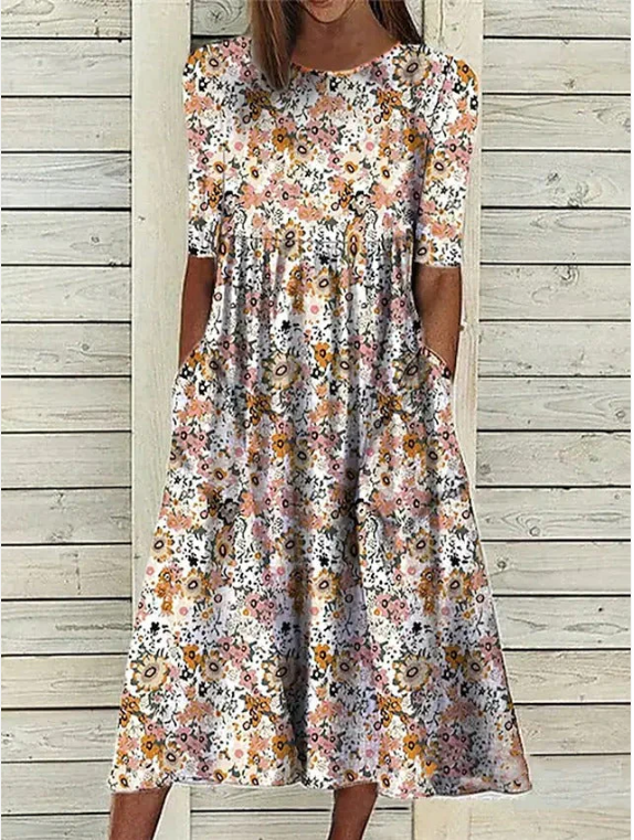 Midi šaty s kulatým výstřihem a květinovým potiskem