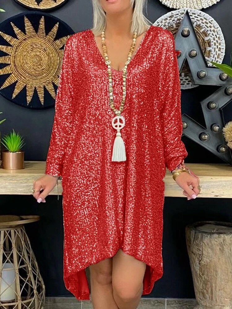 Neformální rovné šaty s výstřihem do V s pevnými flitry