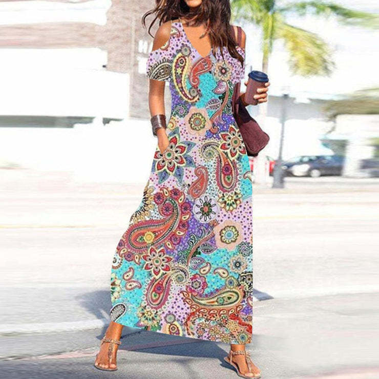 Květinové patchworkové šaty Šaty v resortním stylu s krátkým rukávem