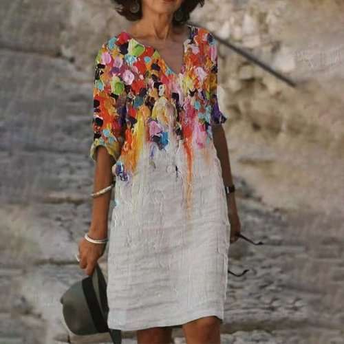 Elegantní ležérní vintage volné šaty s výstřihem do V