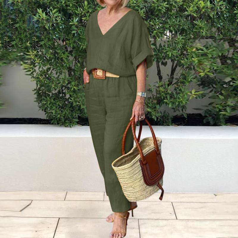 2024 jarní dámský bavlněný a lněný oblek s výstřihem do V