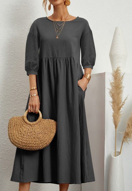 Moderní jednobarevné šaty z bavlněného plátna se širokými rukávy a kapsami