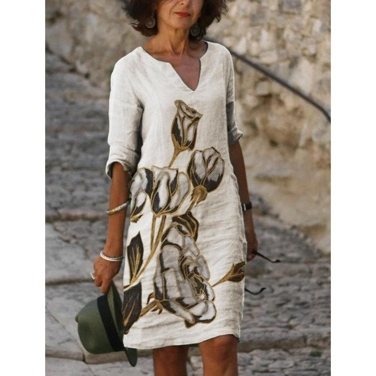 dámské Vintage tištěné květinové šaty s dlouhým rukávem pro volný čas