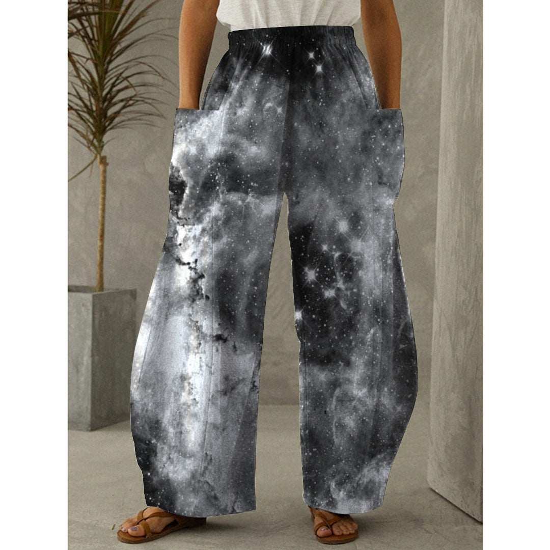 Široké kalhoty s rovným potiskem a vysokým pasem