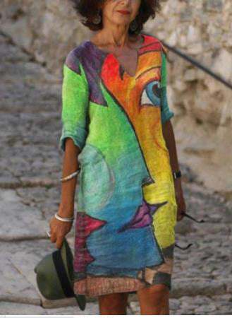 Elegantní ležérní vintage volné šaty s výstřihem do V