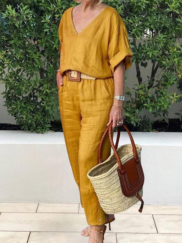 2024 jarní dámský bavlněný a lněný oblek s výstřihem do V