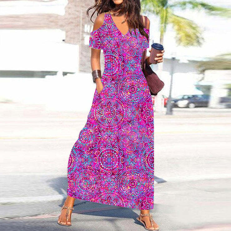 Květinové patchworkové šaty Šaty v resortním stylu s krátkým rukávem