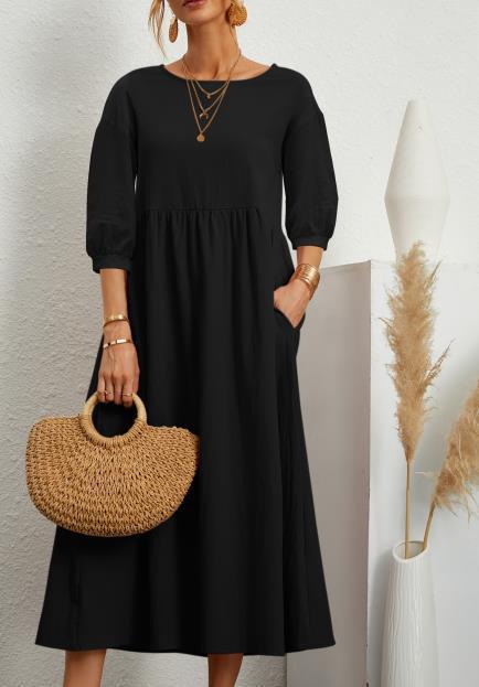 Moderní jednobarevné šaty z bavlněného plátna se širokými rukávy a kapsami