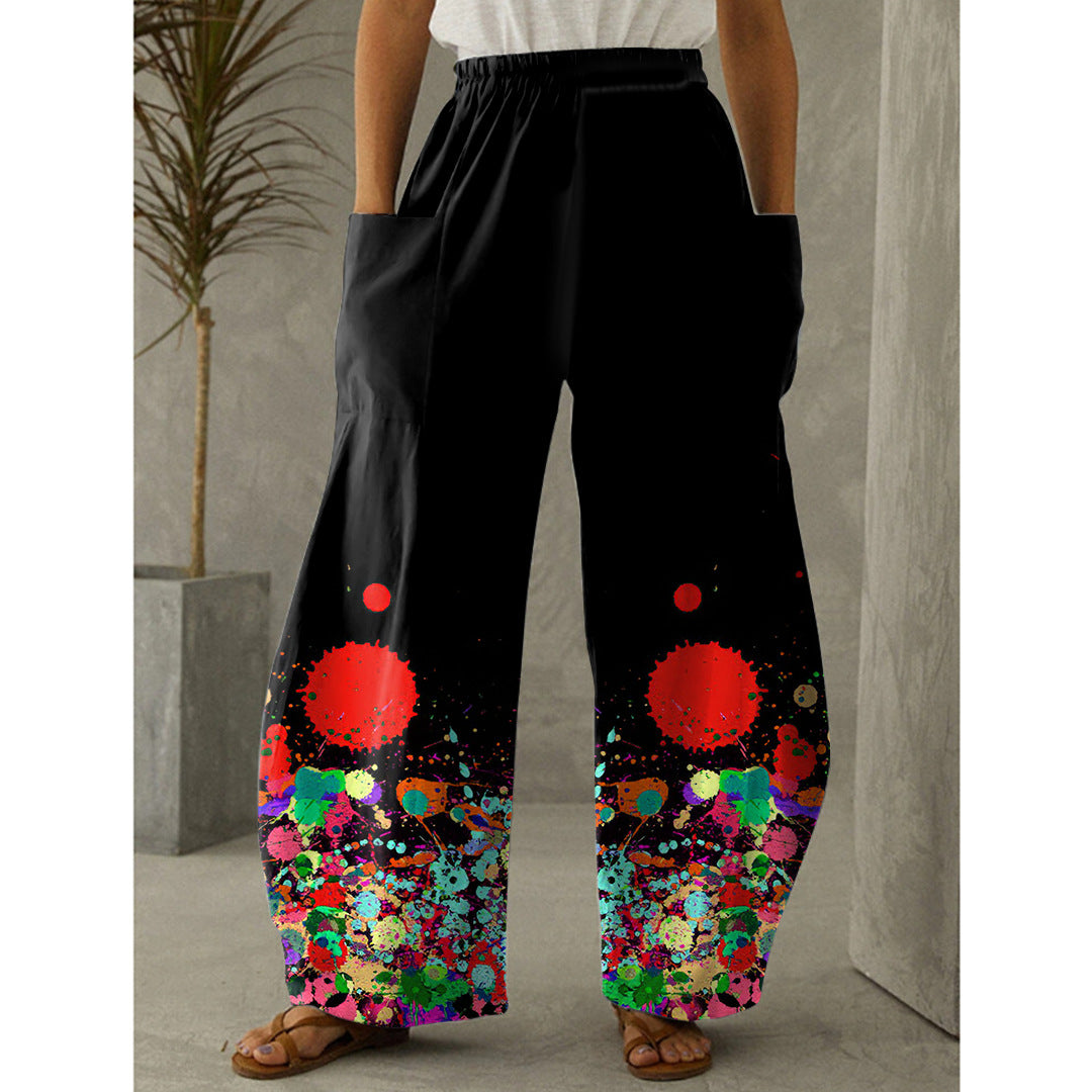 Široké kalhoty s rovným potiskem a vysokým pasem