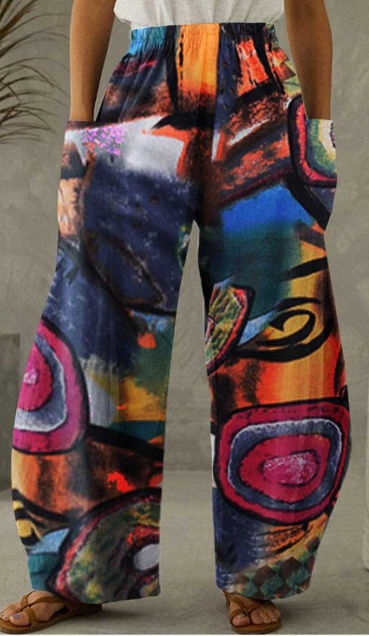 Široké kalhoty s rovným potiskem a vysokým pasem