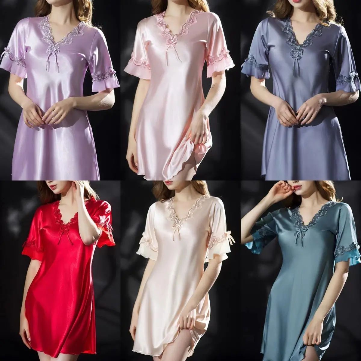 【Dobírka】Dámská krajková noční košile Ice Silk s krátkým rukávem