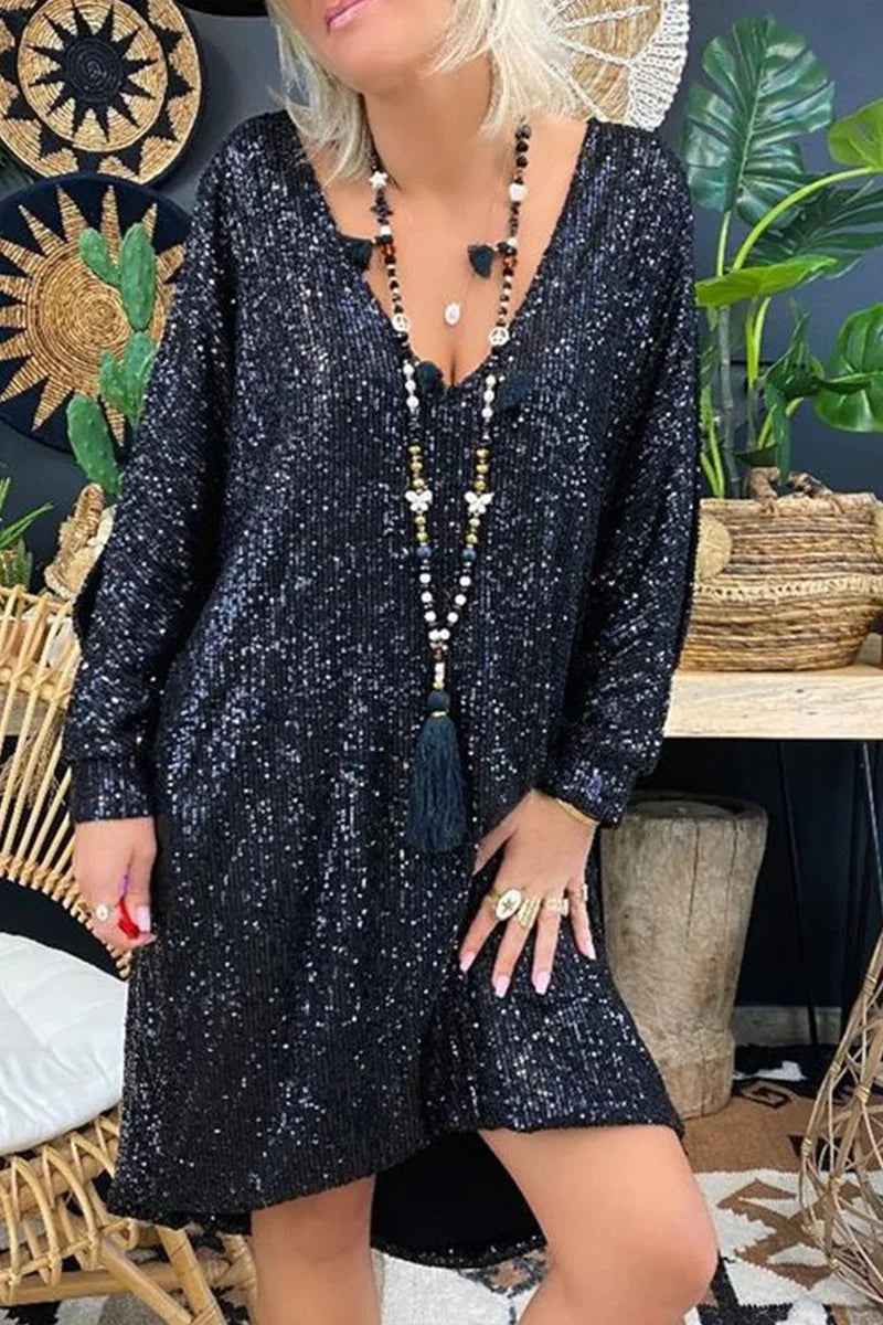 Neformální rovné šaty s výstřihem do V s pevnými flitry