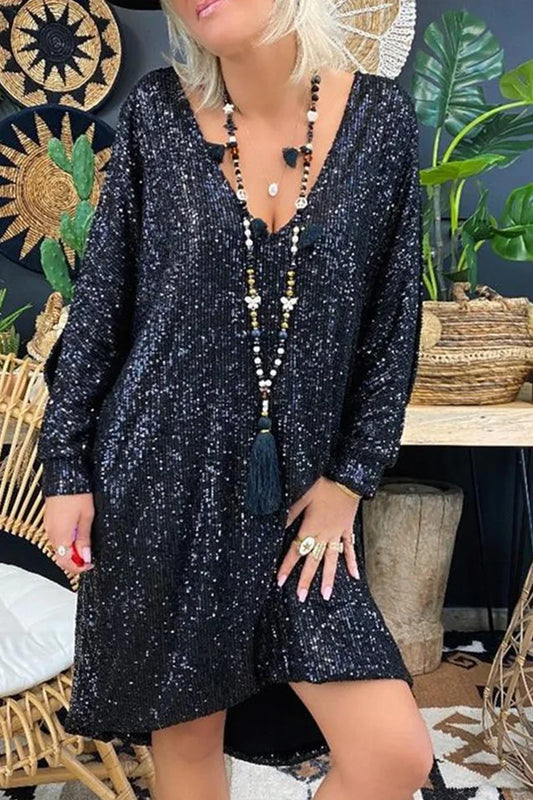 Neformální rovné šaty s výstřihem do V s pevnými flitry